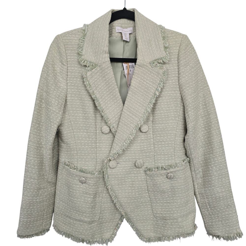 House of Harlow 1960 Tweed Fringe Blazer Green S Double Breasted Chic Old Money